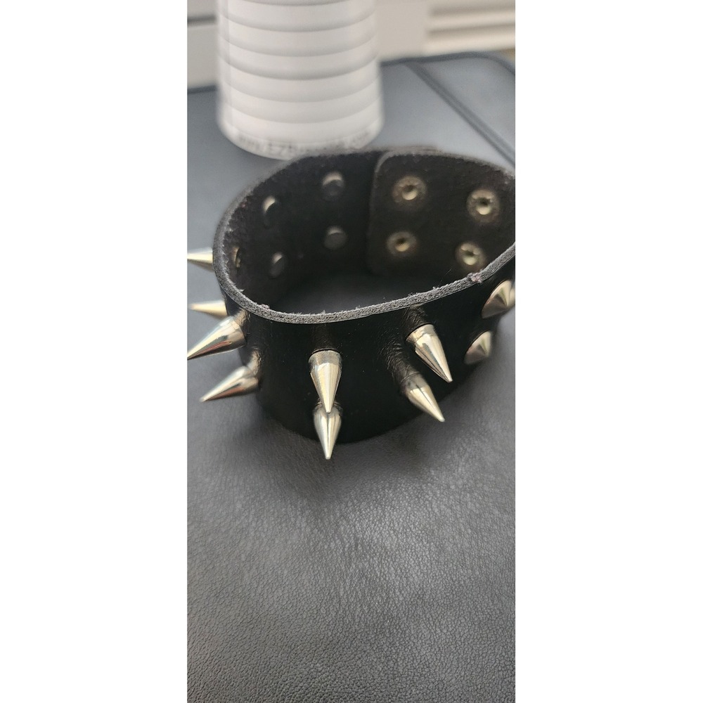 Black Faux Leather Spiked Studded Punk Rock Cuff Bracelet Silver Tone Snaps